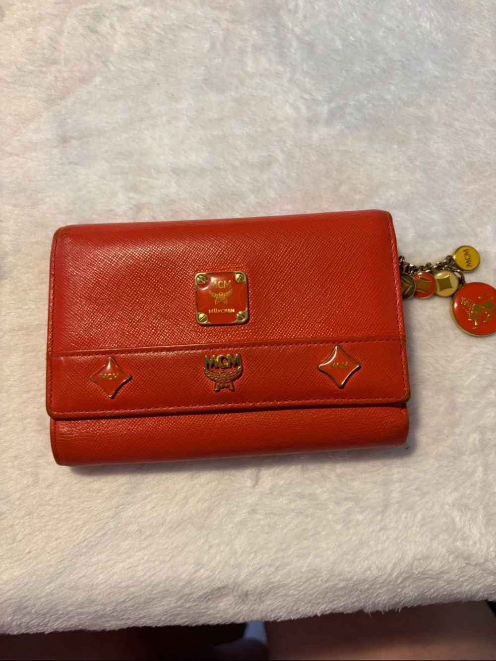 MCM Orange-Red Leather Compact Trifold Wallet with Gold Accents